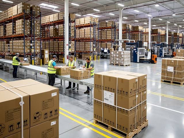 Forklift moving pallets and warehouse workers organizing cargo handling environment